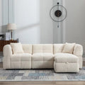 Canapé d'angle 3 places en polaire Teddy avec pouf de rangement et ports USB, blanc crème / gris, 3 places