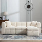 Canapé d'angle 3 places en polaire Teddy avec pouf de rangement et ports USB, blanc crème / gris, 3 places