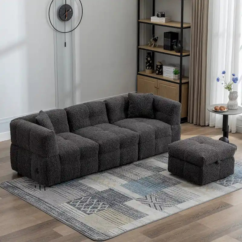 Canapé d'angle 3 places en polaire Teddy avec pouf de rangement et ports USB, blanc crème / gris, 3 places