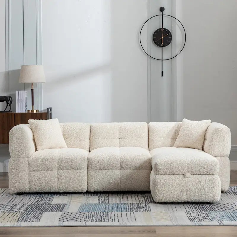 Canapé d'angle 3 places en polaire Teddy avec pouf de rangement et ports USB, blanc crème / gris, 3 places