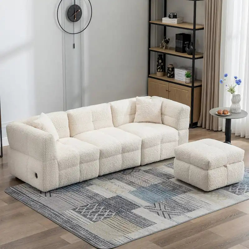 Canapé d'angle 3 places en polaire Teddy avec pouf de rangement et ports USB, blanc crème / gris, 3 places
