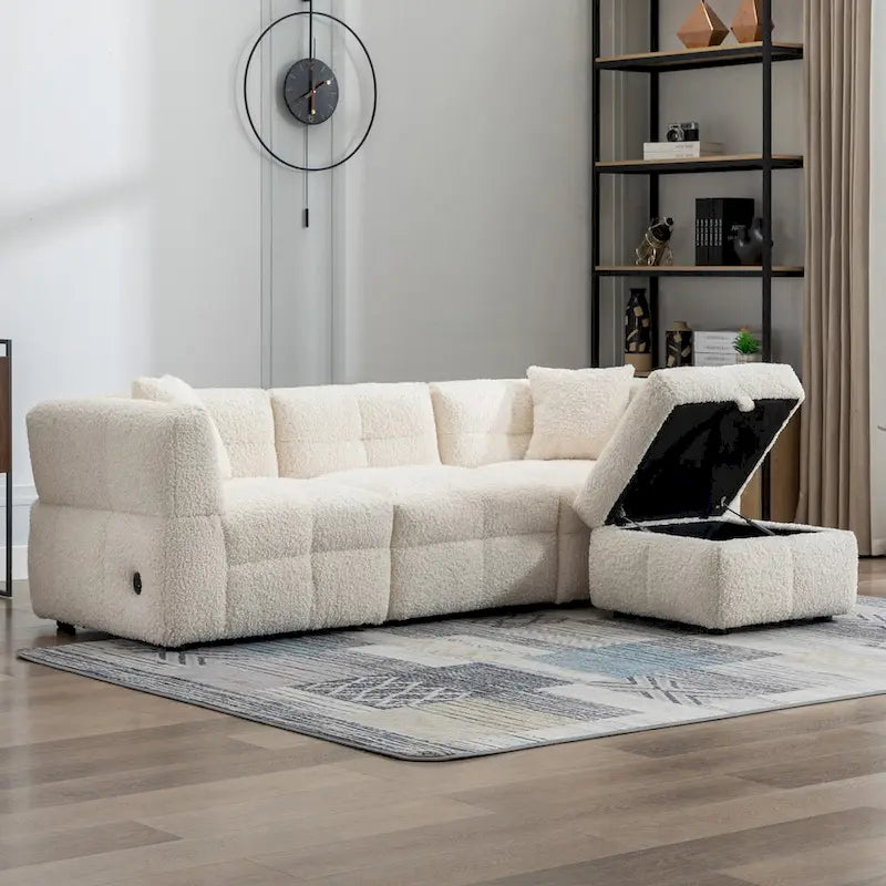Canapé d'angle 3 places en polaire Teddy avec pouf de rangement et ports USB, blanc crème / gris, 3 places