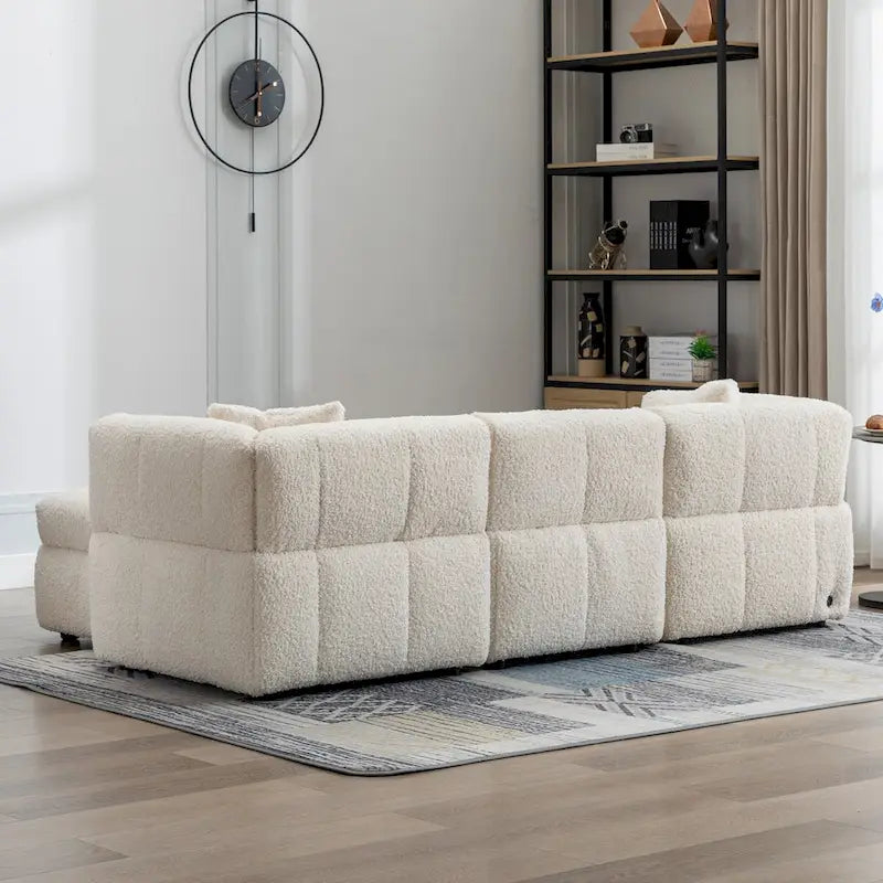 Canapé d'angle 3 places en polaire Teddy avec pouf de rangement et ports USB, blanc crème / gris, 3 places