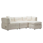 Canapé d'angle 3 places en polaire Teddy avec pouf de rangement et ports USB, blanc crème / gris, 3 places