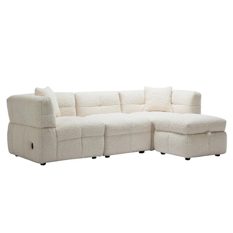 Canapé d'angle 3 places en polaire Teddy avec pouf de rangement et ports USB, blanc crème / gris, 3 places