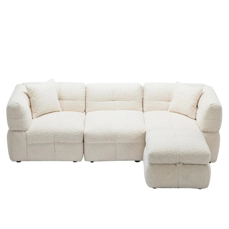 Canapé d'angle 3 places en polaire Teddy avec pouf de rangement et ports USB, blanc crème / gris, 3 places
