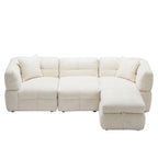 Canapé d'angle 3 places en polaire Teddy avec pouf de rangement et ports USB, blanc crème / gris, 3 places