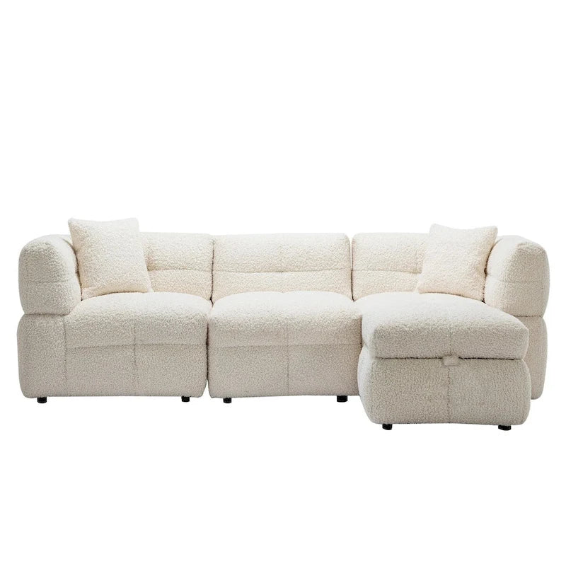 Canapé d'angle 3 places en polaire Teddy avec pouf de rangement et ports USB, blanc crème / gris, 3 places