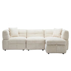 Canapé d'angle 3 places en polaire Teddy avec pouf de rangement et ports USB, blanc crème / gris, 3 places