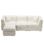 Canapé d'angle 3 places en polaire Teddy avec pouf de rangement et ports USB, blanc crème / gris, 3 places