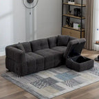 Canapé d'angle 3 places en polaire Teddy avec pouf de rangement et ports USB, blanc crème / gris, 3 places
