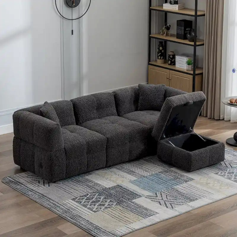 Canapé d'angle 3 places en polaire Teddy avec pouf de rangement et ports USB, blanc crème / gris, 3 places