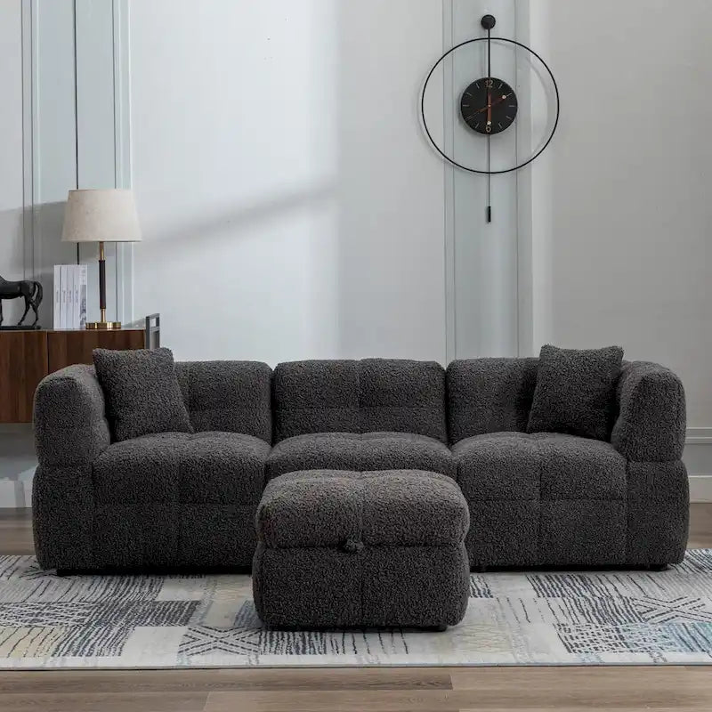 Canapé d'angle 3 places en polaire Teddy avec pouf de rangement et ports USB, blanc crème / gris, 3 places