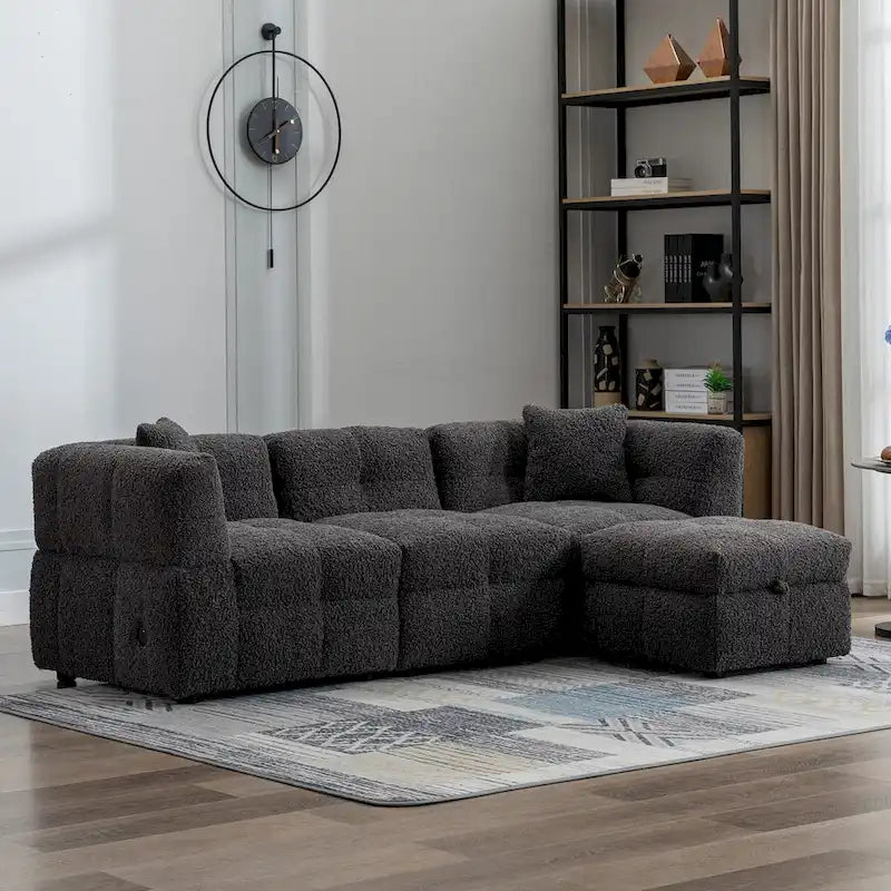 Canapé d'angle 3 places en polaire Teddy avec pouf de rangement et ports USB, blanc crème / gris, 3 places