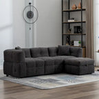 Canapé d'angle 3 places en polaire Teddy avec pouf de rangement et ports USB, blanc crème / gris, 3 places
