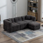 Canapé d'angle 3 places en polaire Teddy avec pouf de rangement et ports USB, blanc crème / gris, 3 places