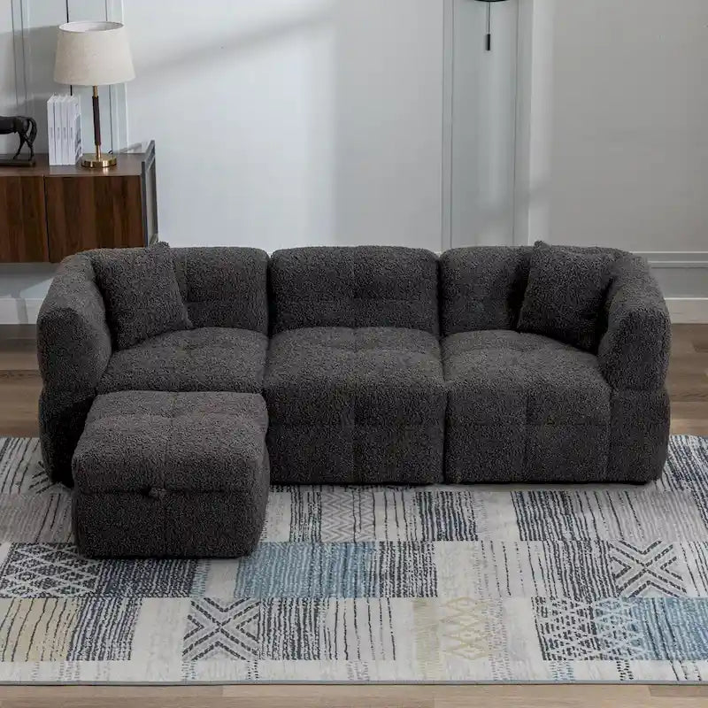 Canapé d'angle 3 places en polaire Teddy avec pouf de rangement et ports USB, blanc crème / gris, 3 places