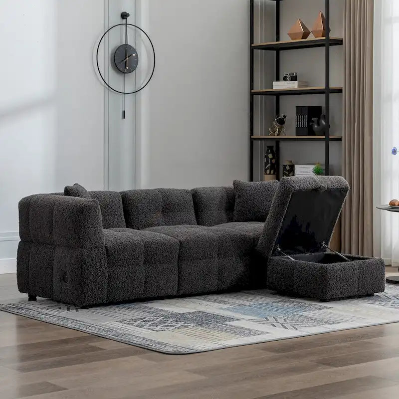 Canapé d'angle 3 places en polaire Teddy avec pouf de rangement et ports USB, blanc crème / gris, 3 places