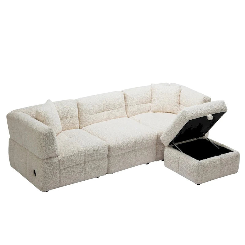 Canapé d'angle 3 places en polaire Teddy avec pouf de rangement et ports USB, blanc crème / gris, 3 places
