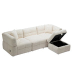 Canapé d'angle 3 places en polaire Teddy avec pouf de rangement et ports USB, blanc crème / gris, 3 places