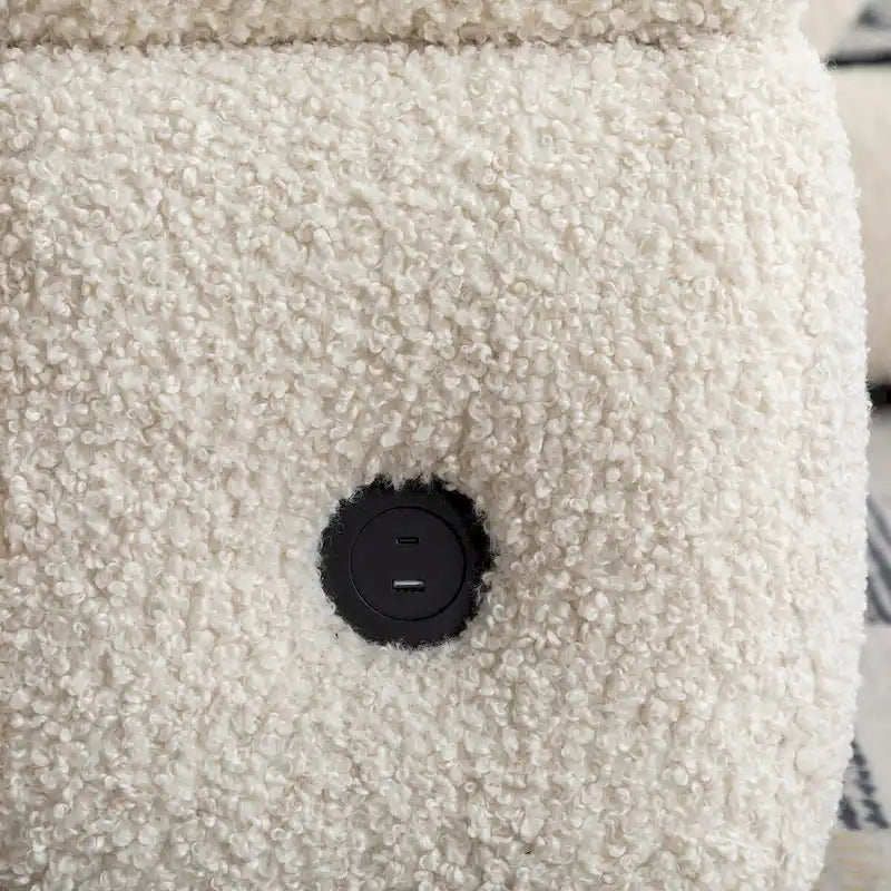 Canapé d'angle 3 places en polaire Teddy avec pouf de rangement et ports USB, blanc crème / gris, 3 places