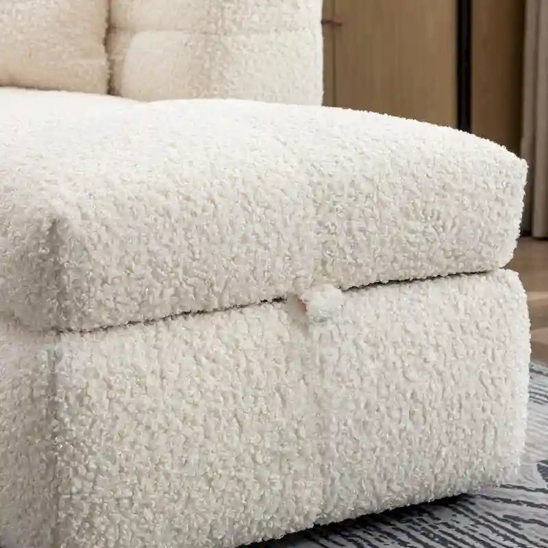 Canapé d'angle 3 places en polaire Teddy avec pouf de rangement et ports USB, blanc crème / gris, 3 places