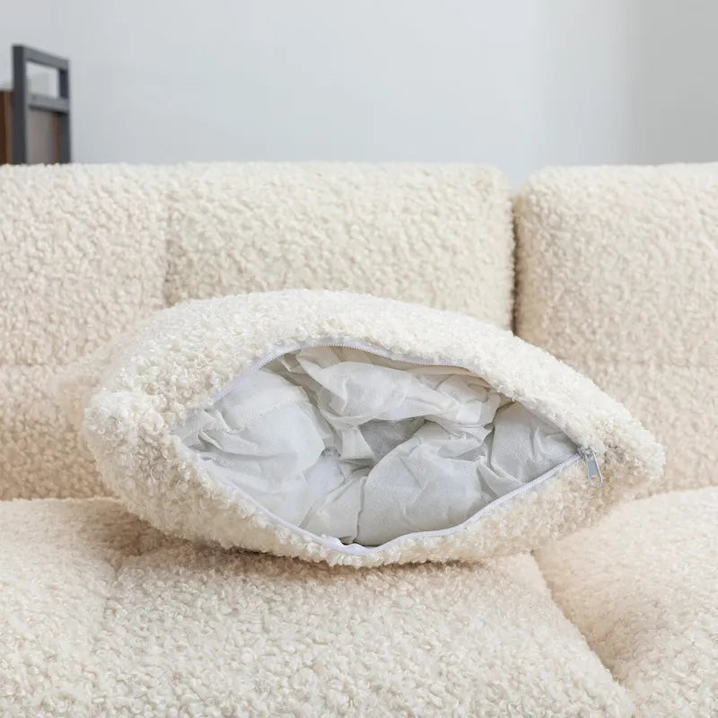 Canapé d'angle 3 places en polaire Teddy avec pouf de rangement et ports USB, blanc crème / gris, 3 places