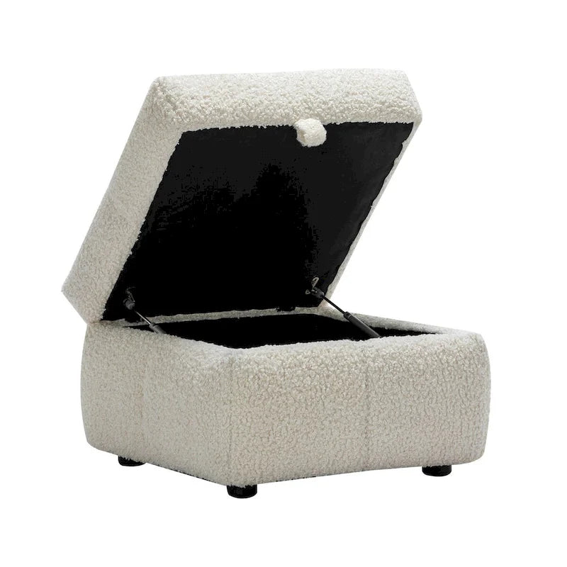 Canapé d'angle 3 places en polaire Teddy avec pouf de rangement et ports USB, blanc crème / gris, 3 places