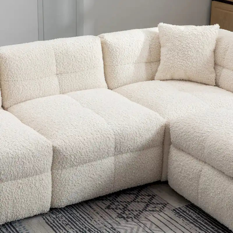 Canapé d'angle 3 places en polaire Teddy avec pouf de rangement et ports USB, blanc crème / gris, 3 places