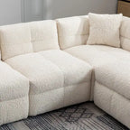 Canapé d'angle 3 places en polaire Teddy avec pouf de rangement et ports USB, blanc crème / gris, 3 places