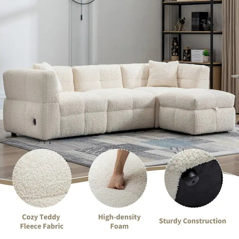 Canapé d'angle 3 places en polaire Teddy avec pouf de rangement et ports USB, blanc crème / gris, 3 places