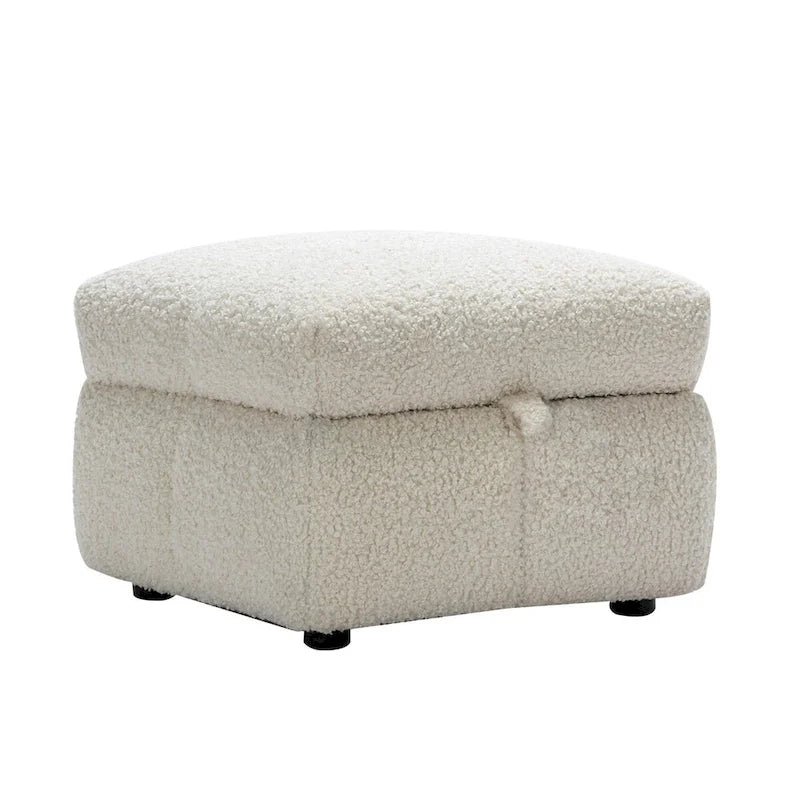 Canapé d'angle 3 places en polaire Teddy avec pouf de rangement et ports USB, blanc crème / gris, 3 places