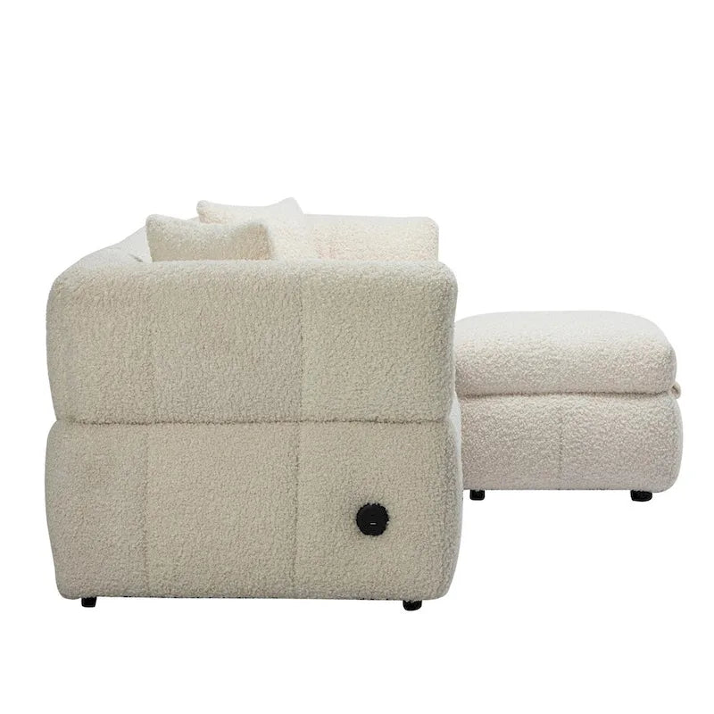 Canapé d'angle 3 places en polaire Teddy avec pouf de rangement et ports USB, blanc crème / gris, 3 places