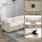 Canapé d'angle 3 places en polaire Teddy avec pouf de rangement et ports USB, blanc crème / gris, 3 places
