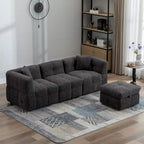 Canapé d'angle 3 places en polaire Teddy avec pouf de rangement et ports USB, blanc crème / gris, 3 places