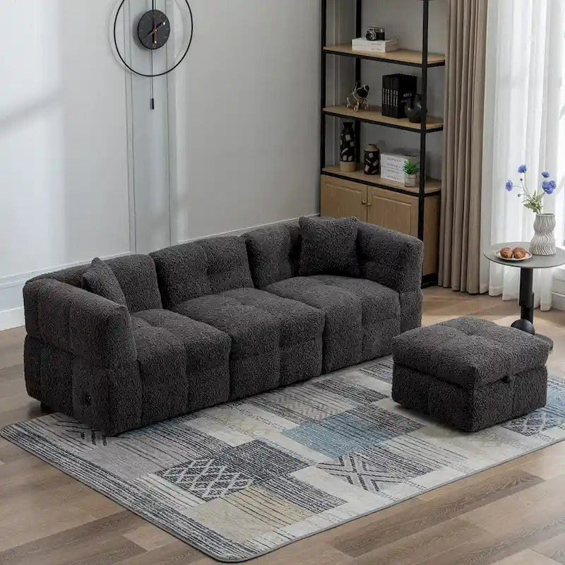 Canapé d'angle 3 places en polaire Teddy avec pouf de rangement et ports USB, blanc crème / gris, 3 places