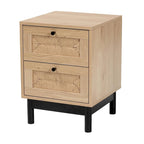 Table d'appoint à 2 tiroirs de style moderne du milieu du siècle avec détails en corde tressée et pieds ronds, brun clair/noir