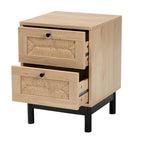 Table d'appoint à 2 tiroirs de style moderne du milieu du siècle avec détails en corde tressée et pieds ronds, brun clair/noir