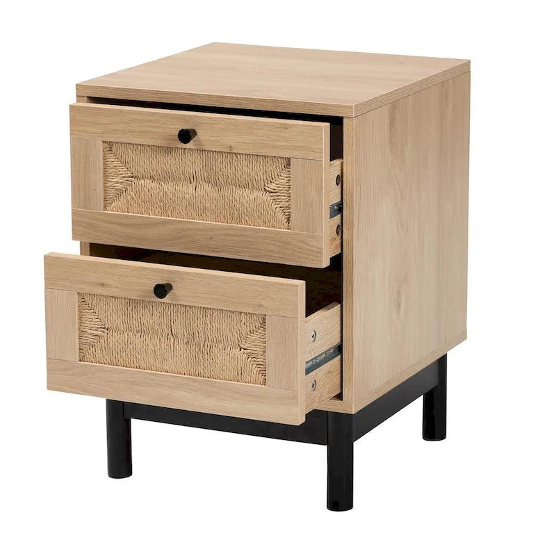 Table d'appoint à 2 tiroirs de style moderne du milieu du siècle avec détails en corde tressée et pieds ronds, brun clair/noir