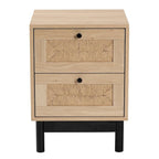 Table d'appoint à 2 tiroirs de style moderne du milieu du siècle avec détails en corde tressée et pieds ronds, brun clair/noir