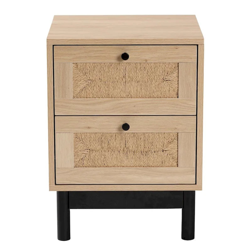 Table d'appoint à 2 tiroirs de style moderne du milieu du siècle avec détails en corde tressée et pieds ronds, brun clair/noir