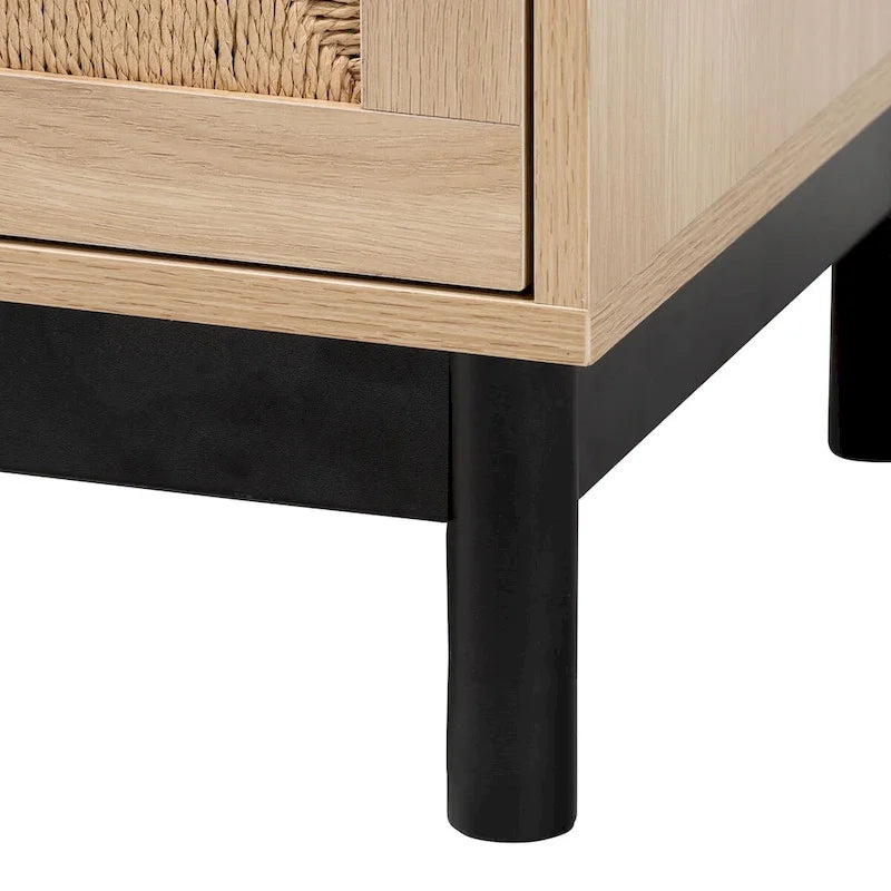 Table d'appoint à 2 tiroirs de style moderne du milieu du siècle avec détails en corde tressée et pieds ronds, brun clair/noir