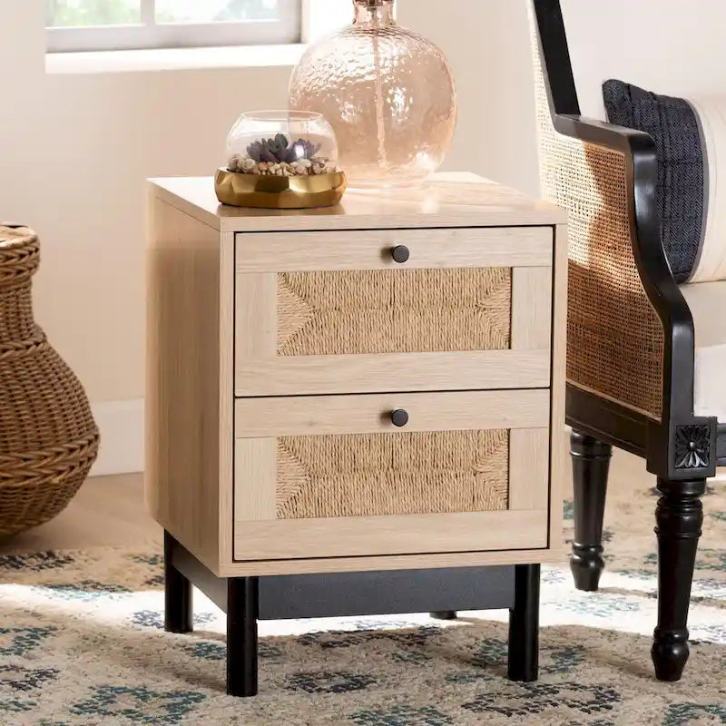 Table d'appoint à 2 tiroirs de style moderne du milieu du siècle avec détails en corde tressée et pieds ronds, brun clair/noir