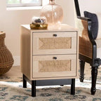 Table d'appoint à 2 tiroirs de style moderne du milieu du siècle avec détails en corde tressée et pieds ronds, brun clair/noir