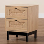 Table d'appoint à 2 tiroirs de style moderne du milieu du siècle avec détails en corde tressée et pieds ronds, brun clair/noir