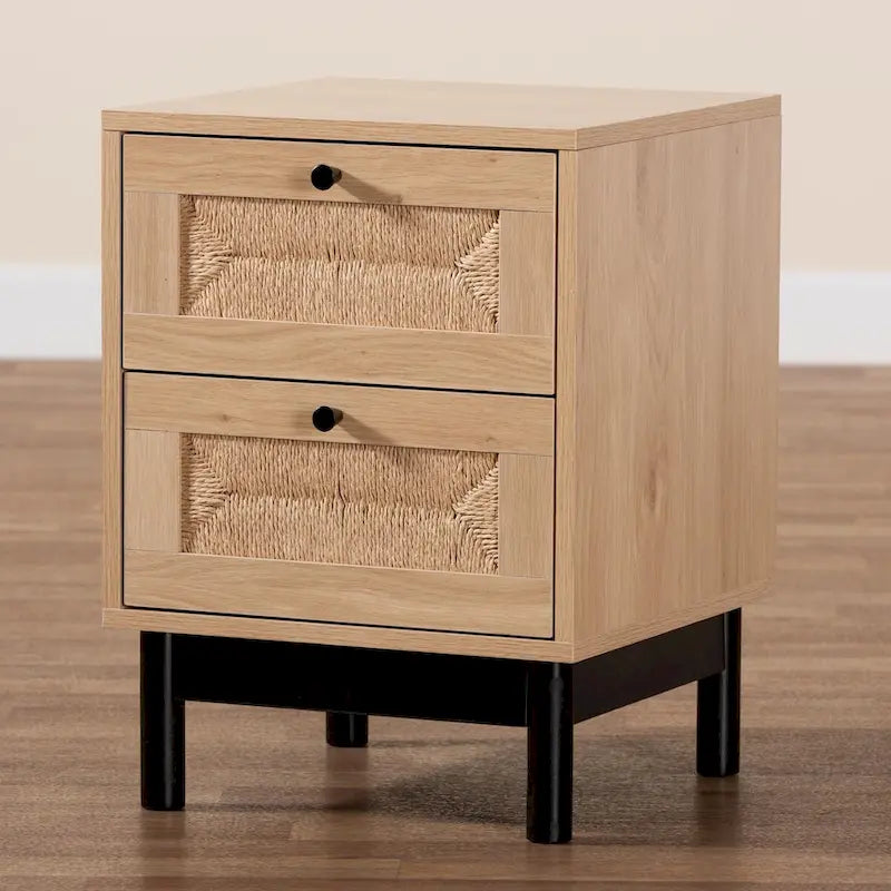 Table d'appoint à 2 tiroirs de style moderne du milieu du siècle avec détails en corde tressée et pieds ronds, brun clair/noir
