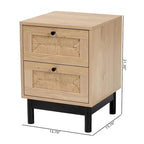 Table d'appoint à 2 tiroirs de style moderne du milieu du siècle avec détails en corde tressée et pieds ronds, brun clair/noir