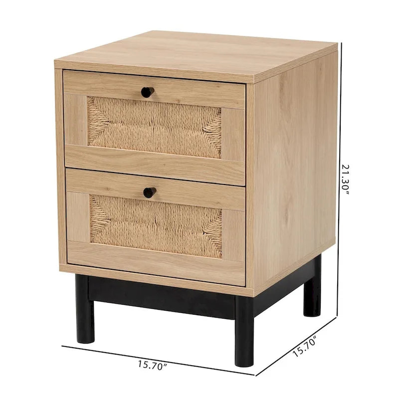 Table d'appoint à 2 tiroirs de style moderne du milieu du siècle avec détails en corde tressée et pieds ronds, brun clair/noir