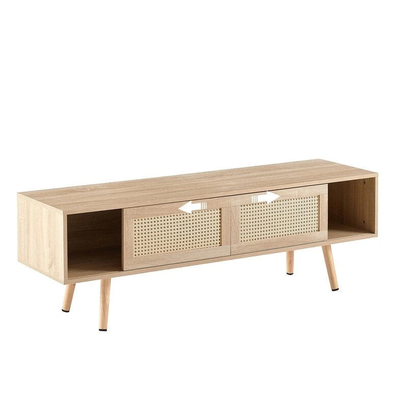 Meuble TV en rotin de 55" avec deux portes coulissantes et étagère réglable, blanc/naturel