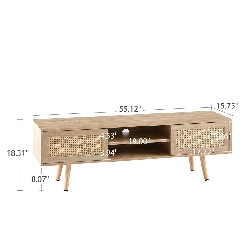 Meuble TV en rotin de 55" avec deux portes coulissantes et étagère réglable, blanc/naturel